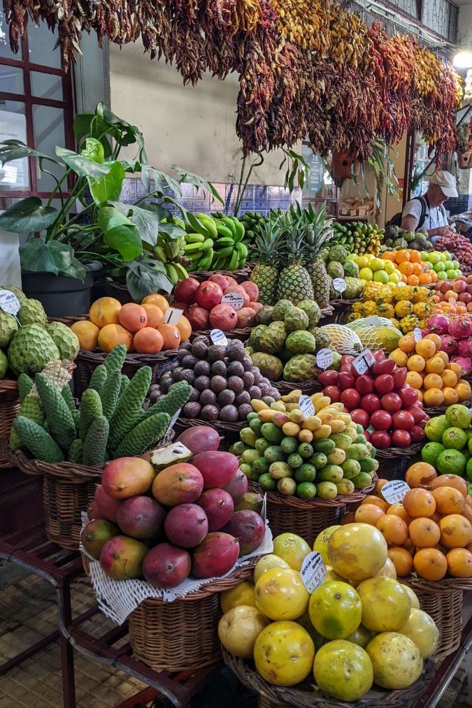 Fruit stand at Mercao dos Lavradores in Funchal, Madeira, Portugal 