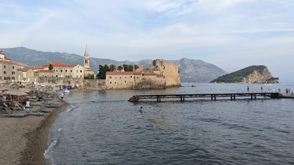 View of Budva, Montenegro's Old Town from the coast.